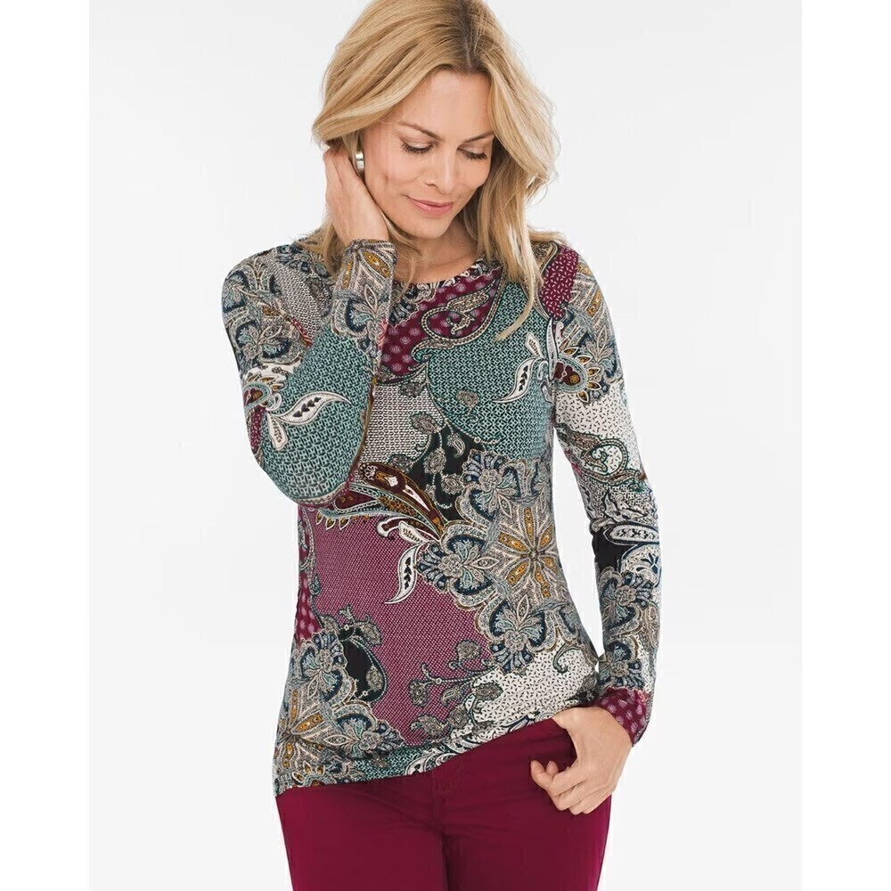 Chico's Multicolor Paisley Long-Sleeve Top - Teal, Burgundy, Black, Cream